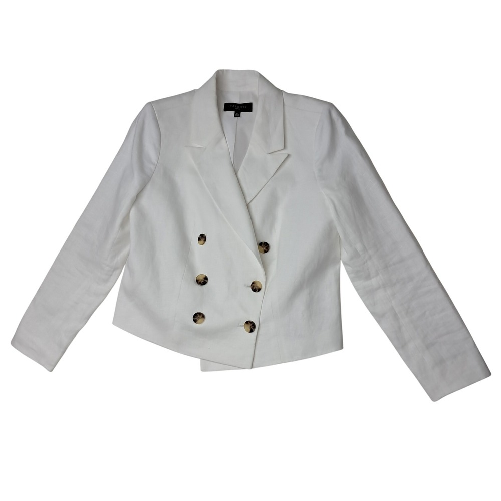 Talbots Blazer Womens 6P White Double Breasted Linen Cropped Jacket Professional